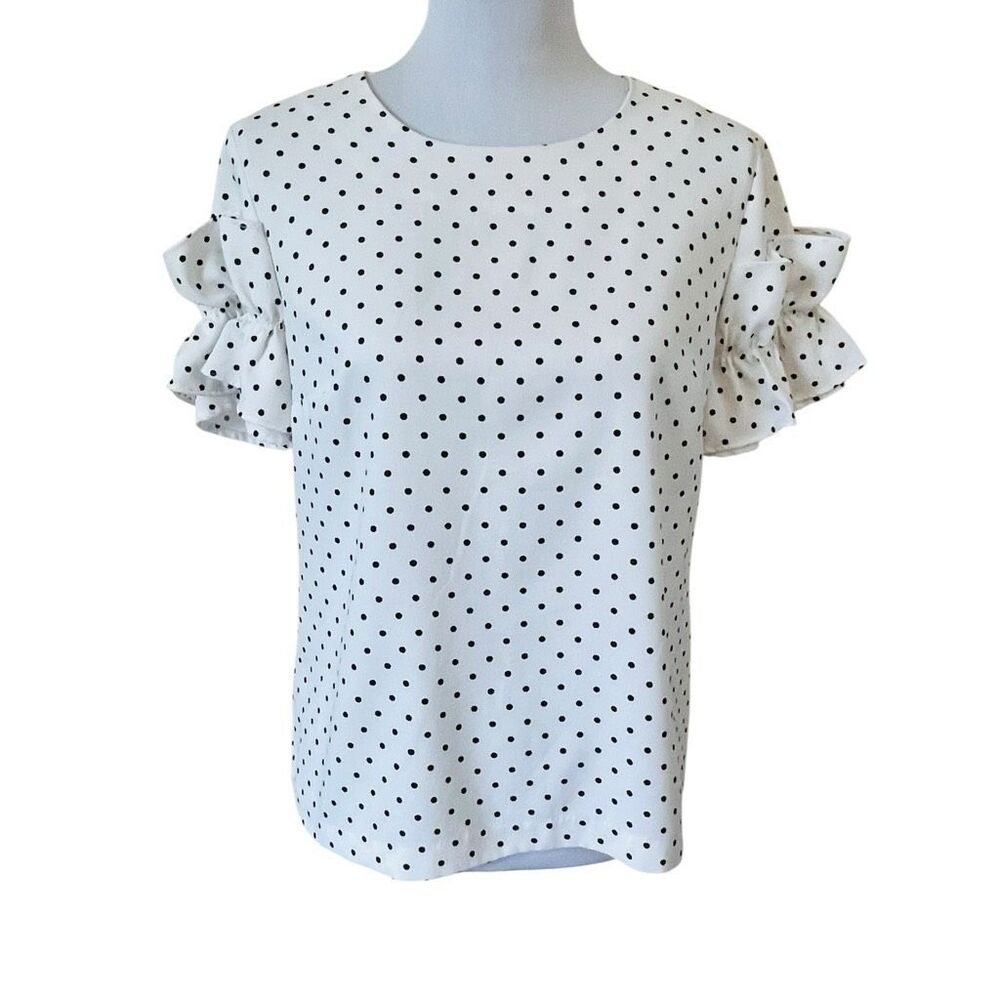Banana Republic Polka Dot Ruffle Puff Sleeve Shirt Black And White Size Petite M